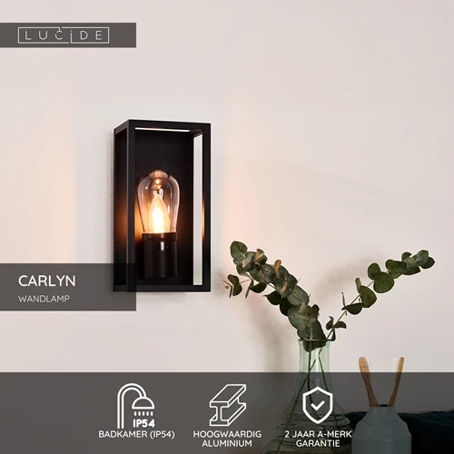Lucide CARLYN - Wandlamp Badkamer - 1xE14 - IP54 - Zwart - USP